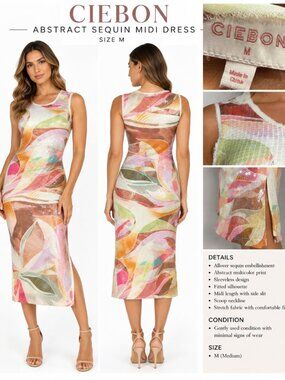 CIEBON MULTICOLOR ABSTRACT SEQUIN MIDI DRESS SIZE M